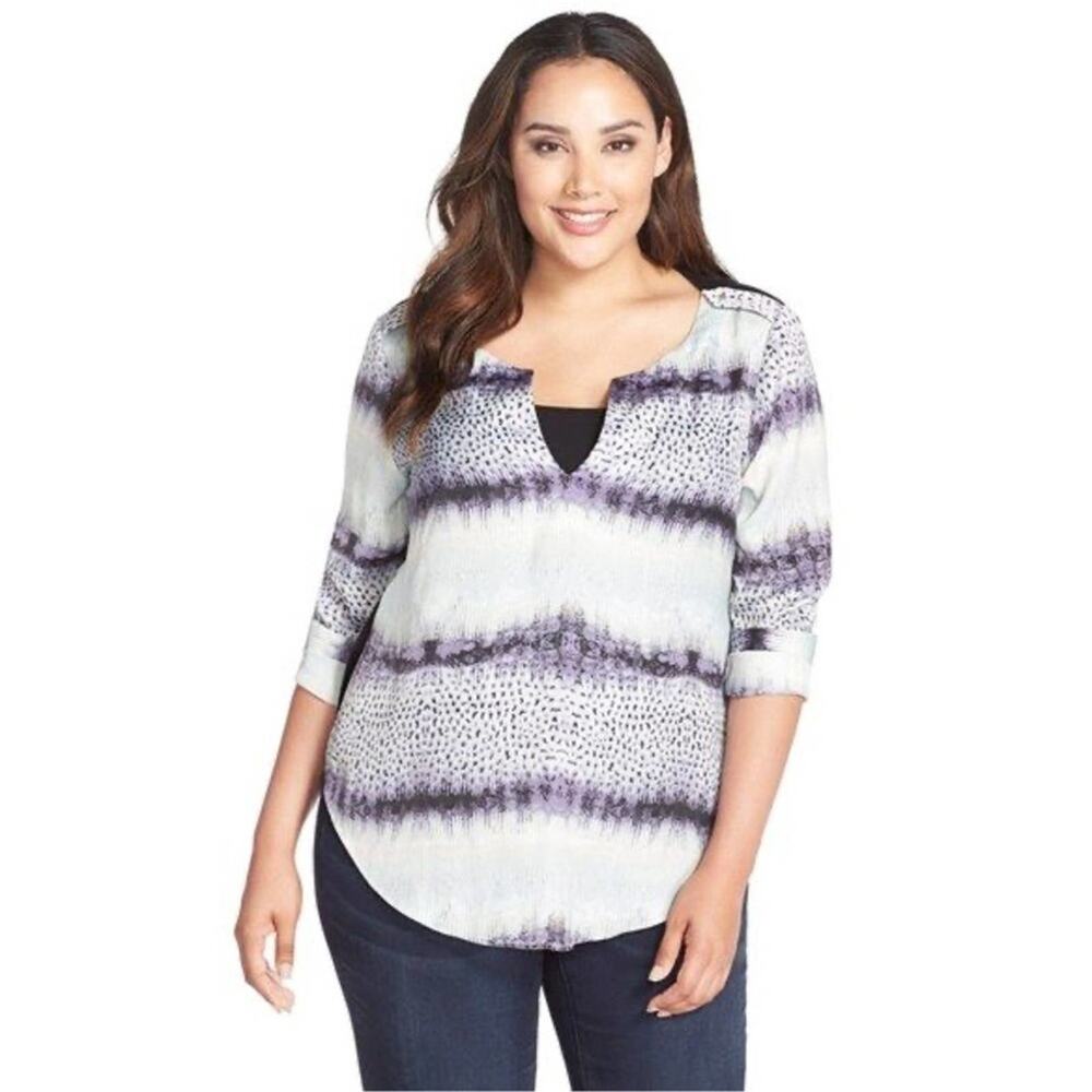 Tart NWT Blouse Purple & Teal Tie-Dye Style V-Neck Top 3/4 Sleeve